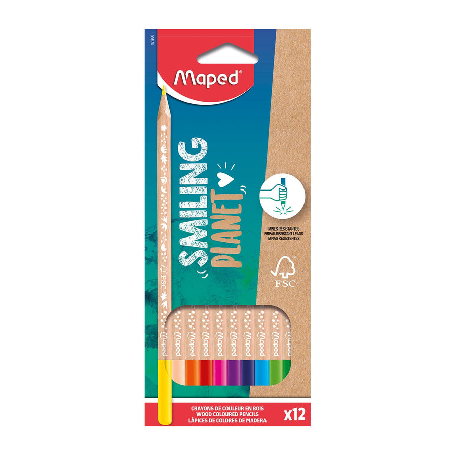 MAPED Smiling Planet - Estuche de 12 Lápices de Colores en Madera FSC