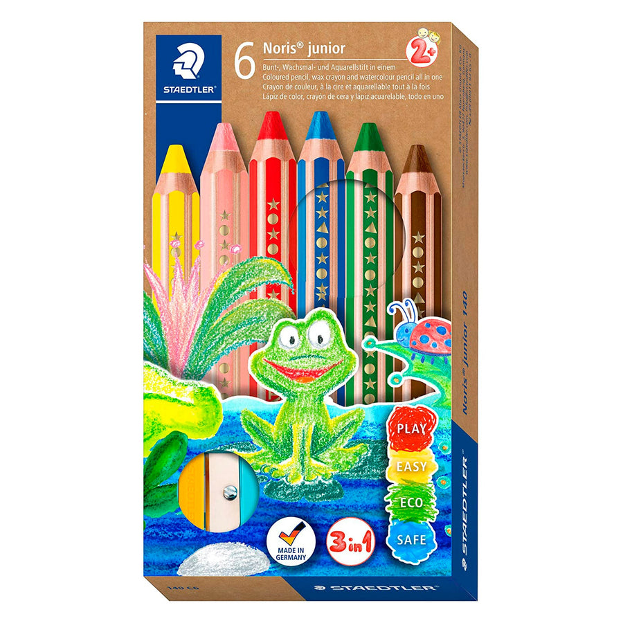 STAEDTLER Noris Junior - Estuche de 6 Lápices de Colores 3 en 1 Extragruesos con Sacapuntas de Regalo