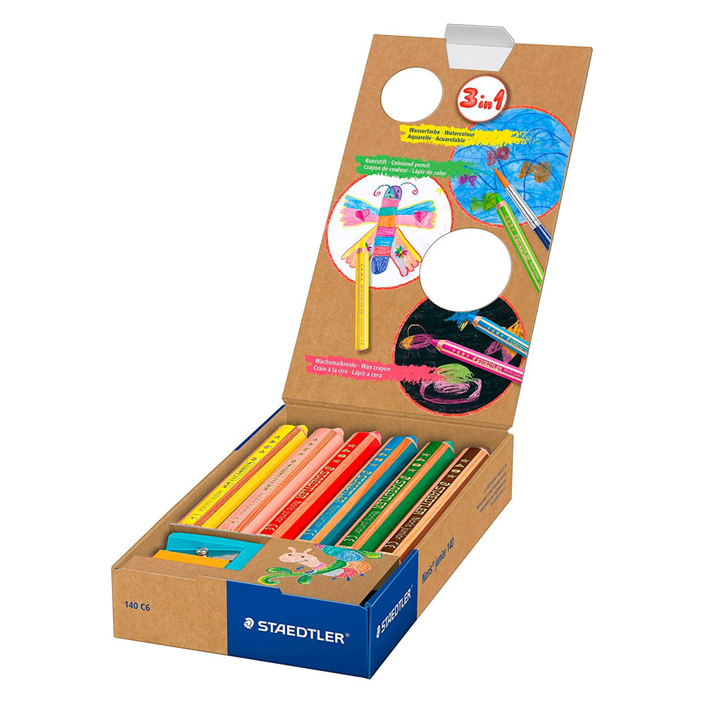 STAEDTLER Noris Junior - Estuche de 6 Lápices de Colores 3 en 1 Extragruesos con Sacapuntas de Regalo