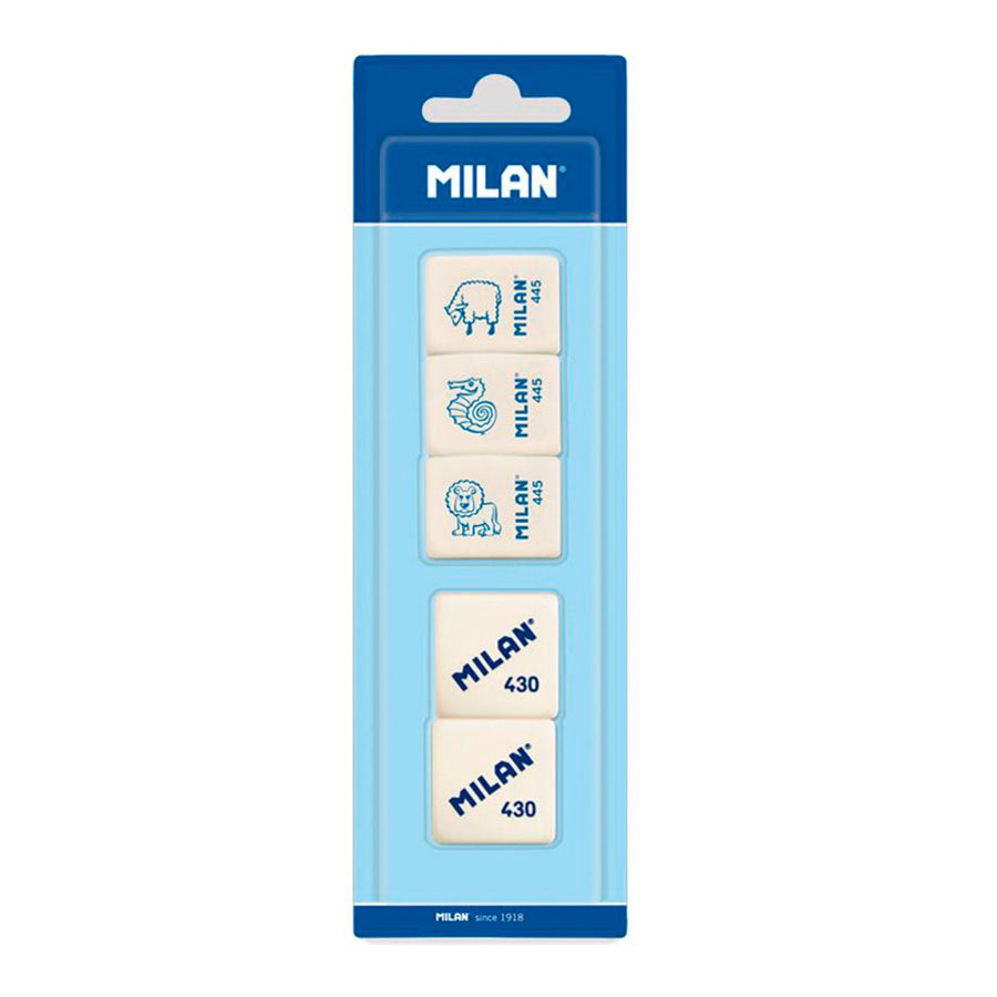 MILAN BMM97011 - Blíster 3 Gomas de Borrar Miga de Pan 445 y 2 Gomas de Borrar Cuadradas MILAN 430
