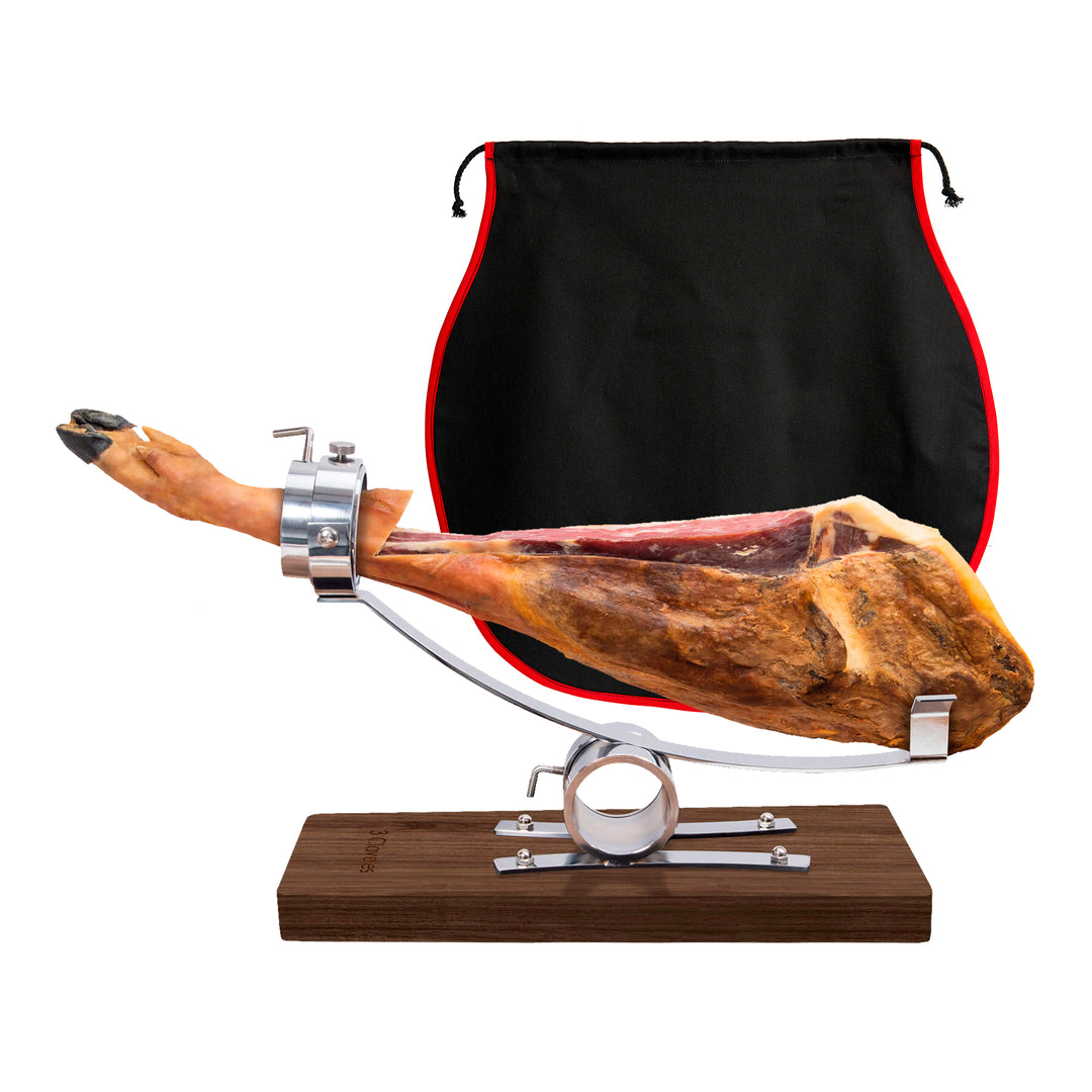 3 Claveles - Soporte Jamonero Basculante en Madera y Cabezal Giratorio en Acero con Cubre Jamón