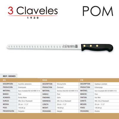3 Claveles POM - Cuchillo Jamonero Alveolado Profesional 29 cm Acero Inoxidable Blister