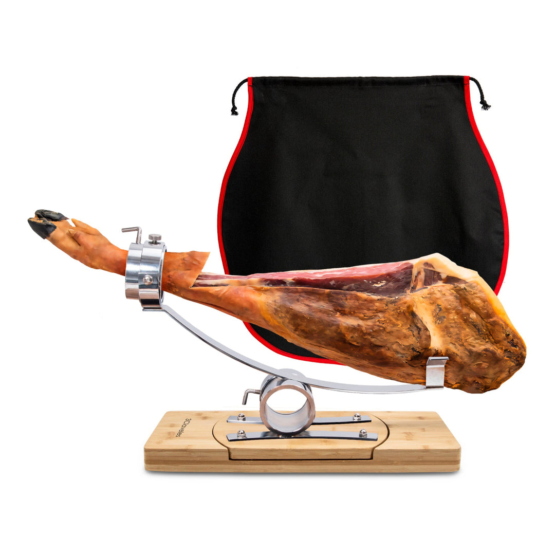 3 Claveles - Soporte Jamonero Basculante 360º en Bambú y Chasis de Acero con Cubre Jamón