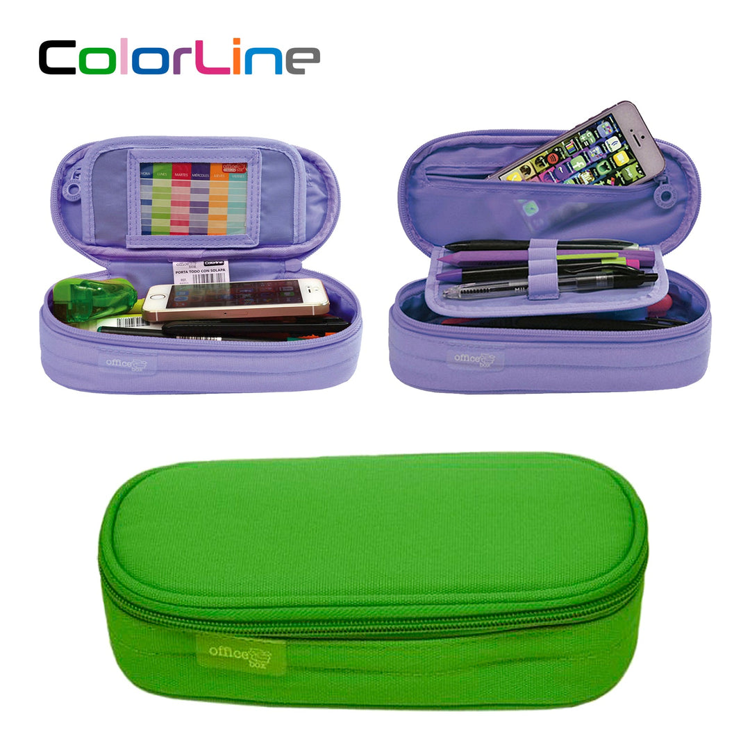 Mega - Estuche Portatodo Escolar Ovalado Multiuso con Solapa. Verde