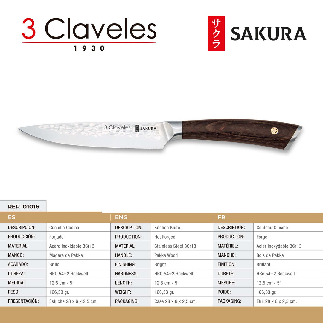 3 Claveles Sakura - Cuchillo Cocina 12.5 cm Acero Forjado con Hoja Martilleada