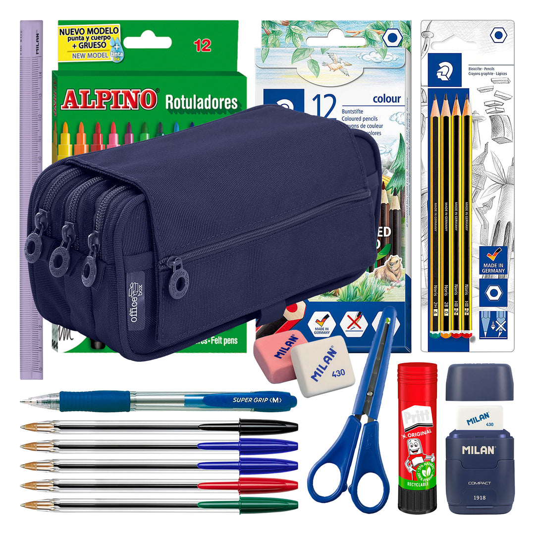 ColePack Pro - Estuche Triple de 3 Cremalleras con Material Escolar Incluido. Azul Marino