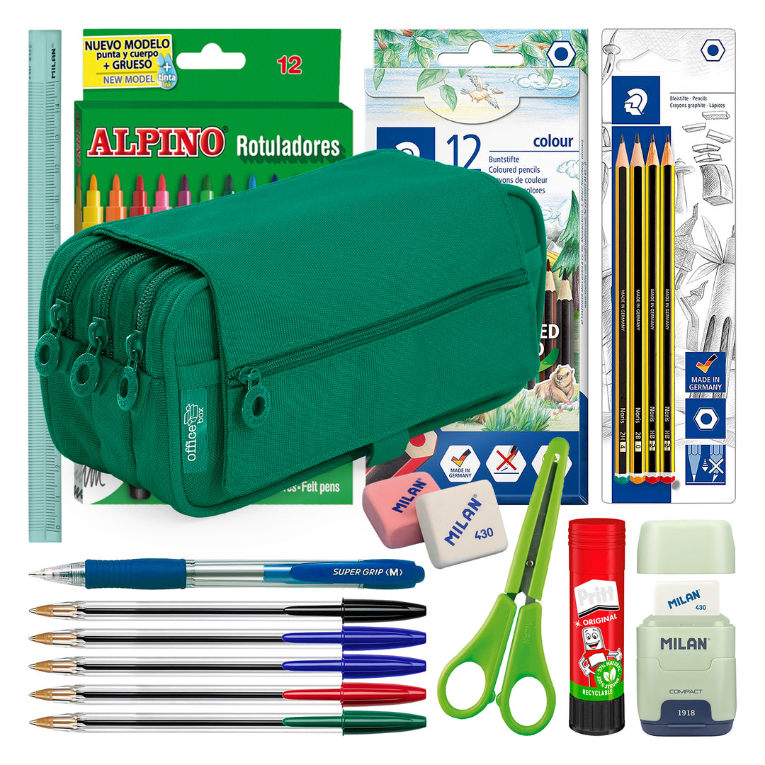 ColePack Pro - Estuche Triple de 3 Cremalleras con Material Escolar Incluido. Verde