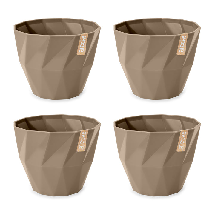 Areca Quartz - Set de 4 Macetas Redondas Decorativas 15 cm con Textura. Taupe