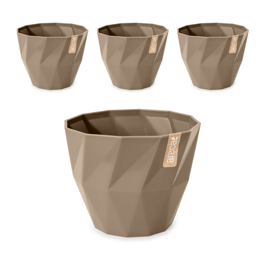 Areca Quartz - Set de 4 Macetas Redondas Decorativas 17 cm con Textura. Taupe