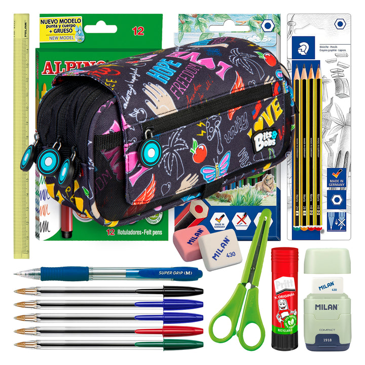 ColePack Design - Estuche Triple de 3 Cremalleras con Material Escolar Incluido. WOW