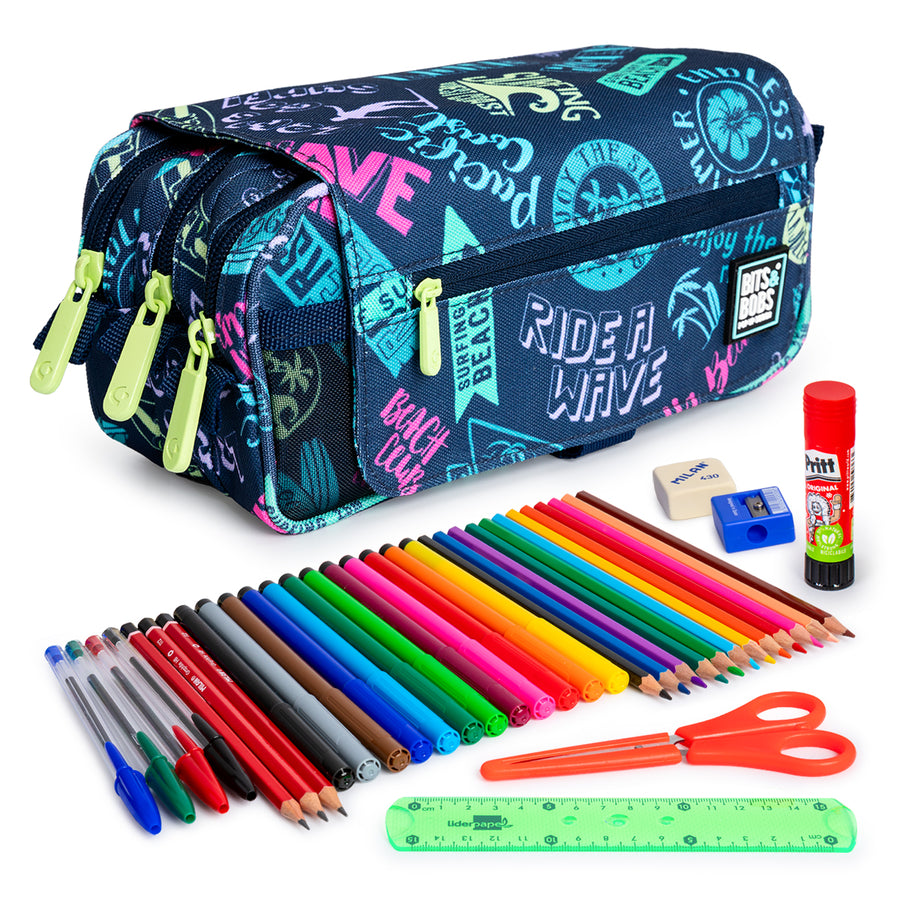 ColePack EcoDes - Estuche Triple de 3 Cremalleras con Material Escolar Incluido. Beach