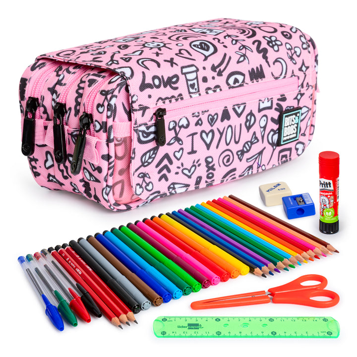 ColePack EcoDes - Estuche Triple de 3 Cremalleras con Material Escolar Incluido. I Love You