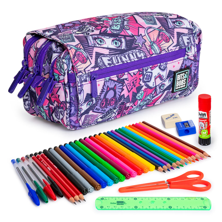 ColePack EcoDes - Estuche Triple de 3 Cremalleras con Material Escolar Incluido. Manga