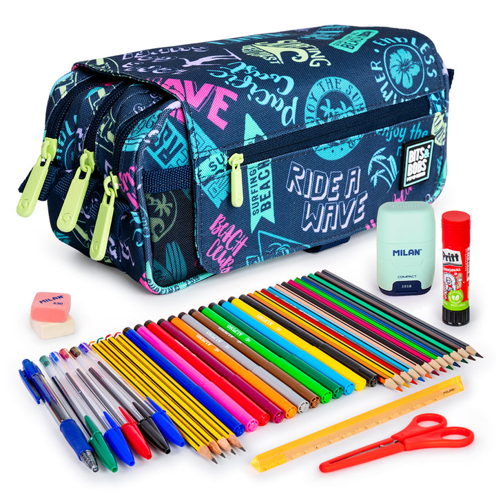 ColePack Design - Estuche Triple de 3 Cremalleras con Material Escolar Incluido. Beach