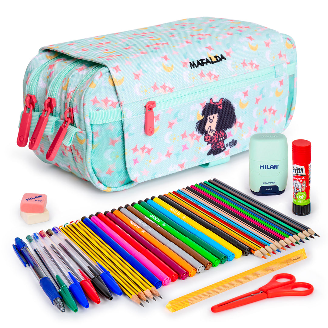 ColePack Design - Estuche Triple de 3 Cremalleras con Material Escolar Incluido. Mafalda Pijama