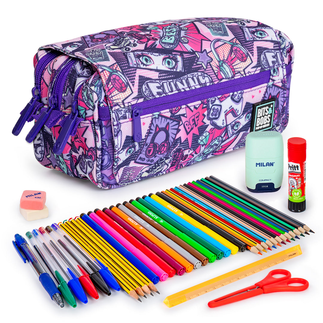 ColePack Design - Estuche Triple de 3 Cremalleras con Material Escolar Incluido. Manga