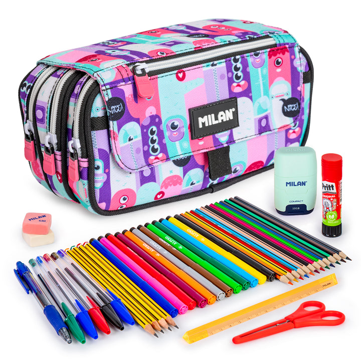 ColePack PRO Milan - Estuche Triple de 3 Cremalleras y Material Escolar Incluido. Aliens