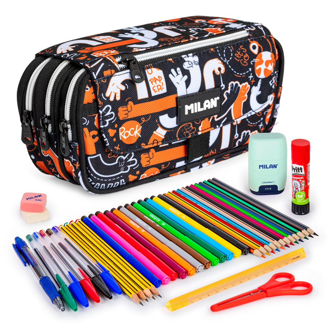 ColePack PRO Milan - Estuche Triple de 3 Cremalleras y Material Escolar Incluido. Fingers