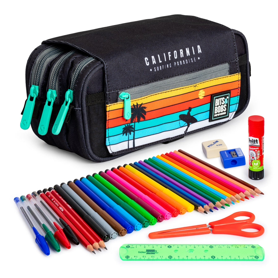 ColePack EcoDes - Estuche Triple de 3 Cremalleras con Material Escolar Incluido. California