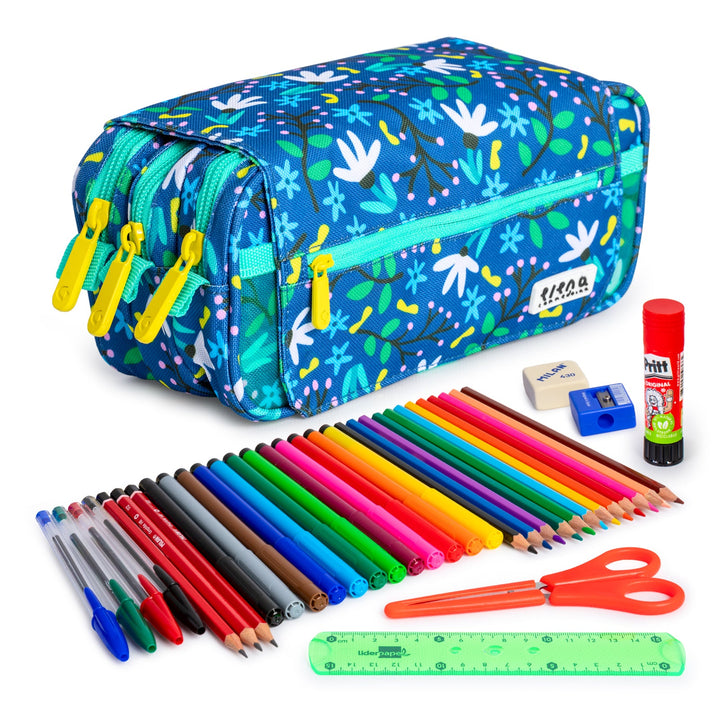 ColePack EcoDes - Estuche Triple de 3 Cremalleras con Material Escolar Incluido. Blue Garden