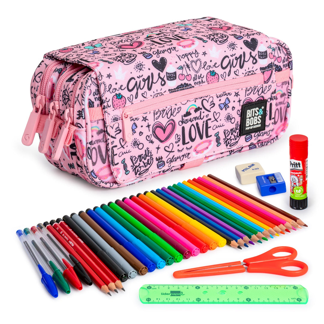 ColePack EcoDes - Estuche Triple de 3 Cremalleras con Material Escolar Incluido. Sweet