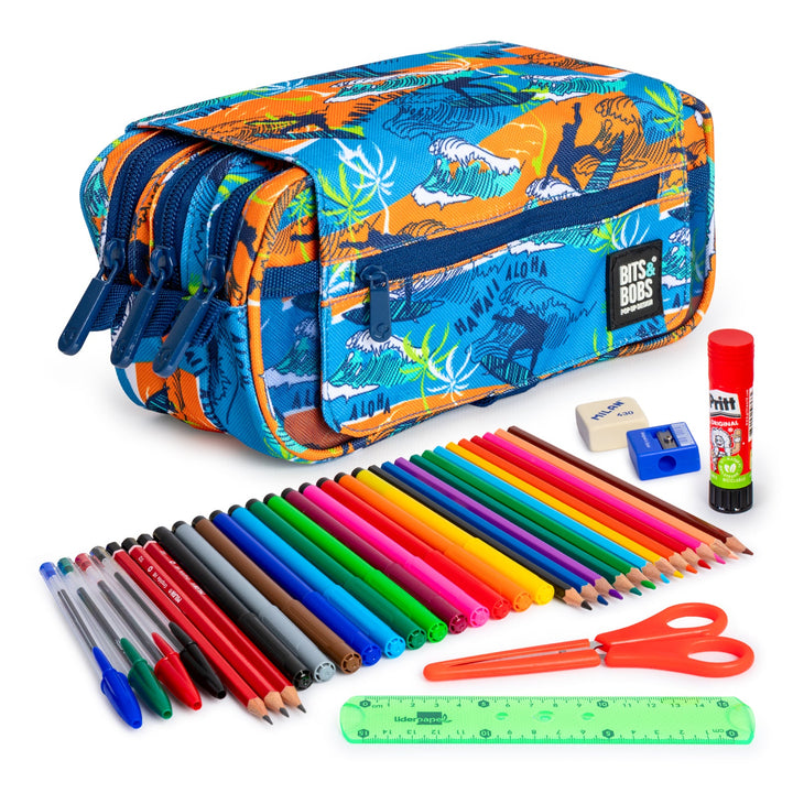 ColePack EcoDes - Estuche Triple de 3 Cremalleras con Material Escolar Incluido. Hawaii