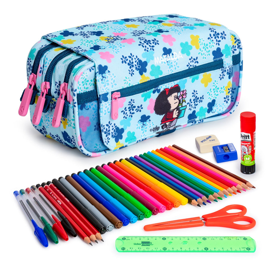 ColePack EcoDes - Estuche Triple de 3 Cremalleras con Material Escolar Incluido. Mafalda Lively