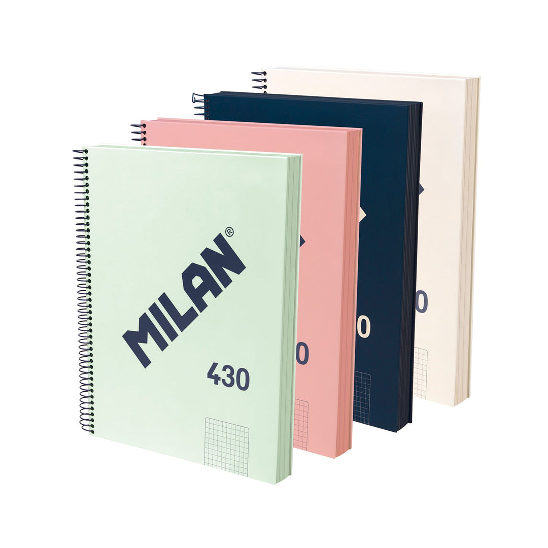 MILAN 430 - Pack 4 Cuadernos A4 Espiral y Tapa Dura. Papel Cuadriculado 120 Hojas 95gr