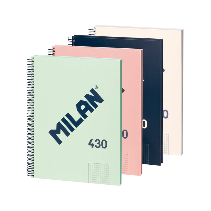 MILAN 430 - Pack 4 Cuadernos A4 Espiral y Tapa Dura. Papel Cuadriculado 80 Hojas 95gr