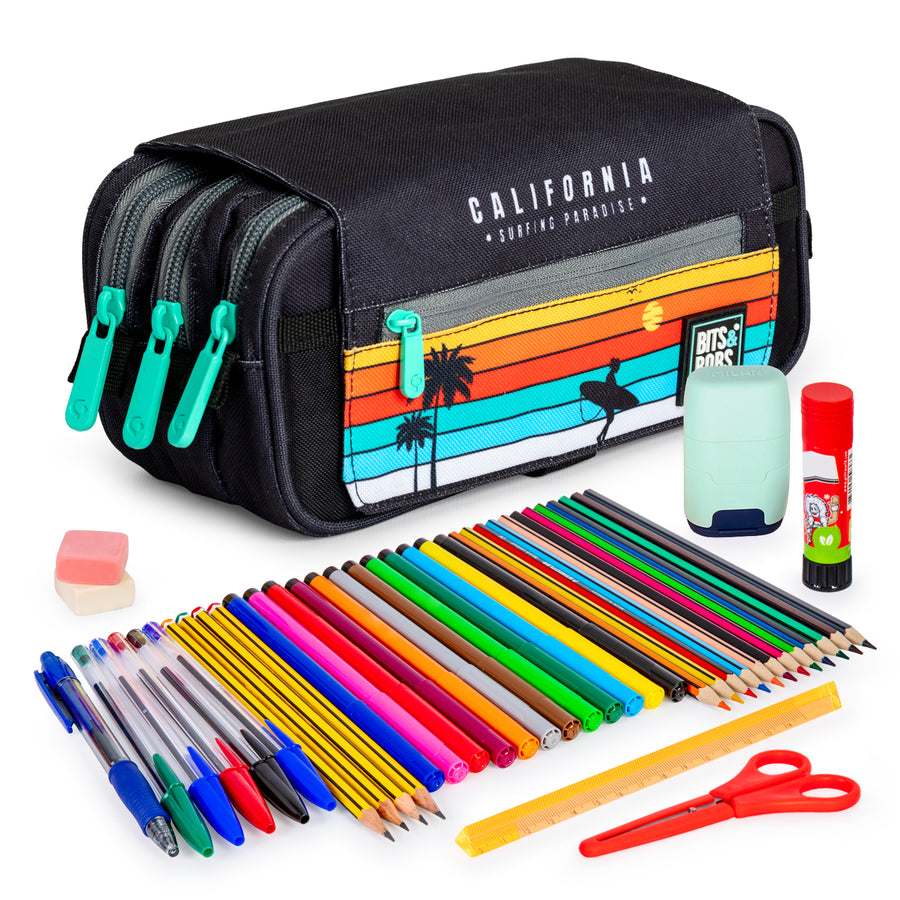 ColePack Design - Estuche Triple de 3 Cremalleras con Material Escolar Incluido. California