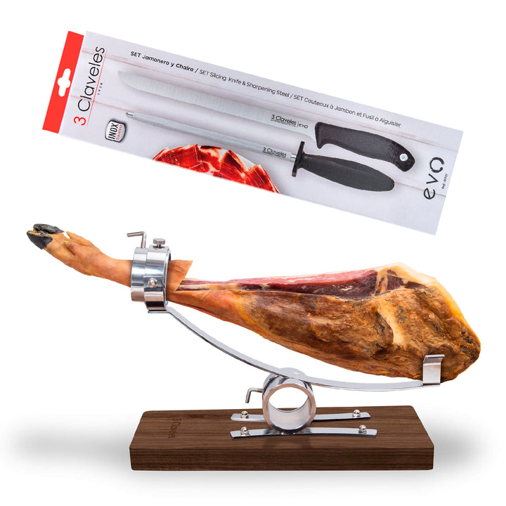 3 Claveles 01748 - Soporte Jamonero Basculante en Madera con Cabezal Giratorio y KIT EVO