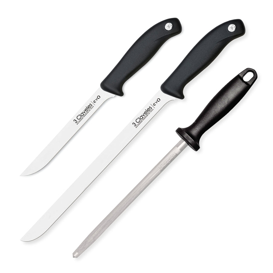 3 Claveles EVO - Set Cuchillo Jamonero de 25 cm Deshuesador de 15 cm y Chaira