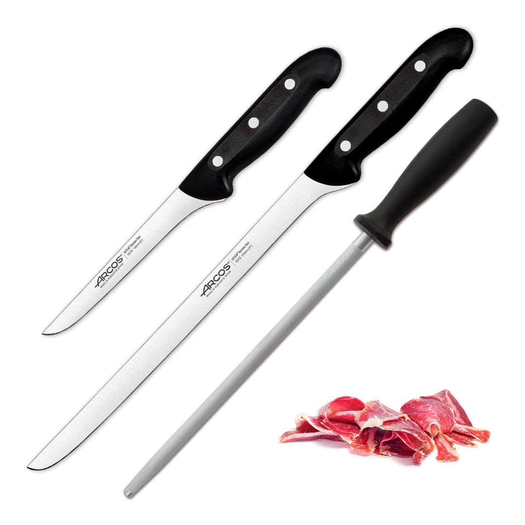 ARCOS Maitre - Set Jamonero Profesional en Acero Inoxidable, Deshuesador y Chaira