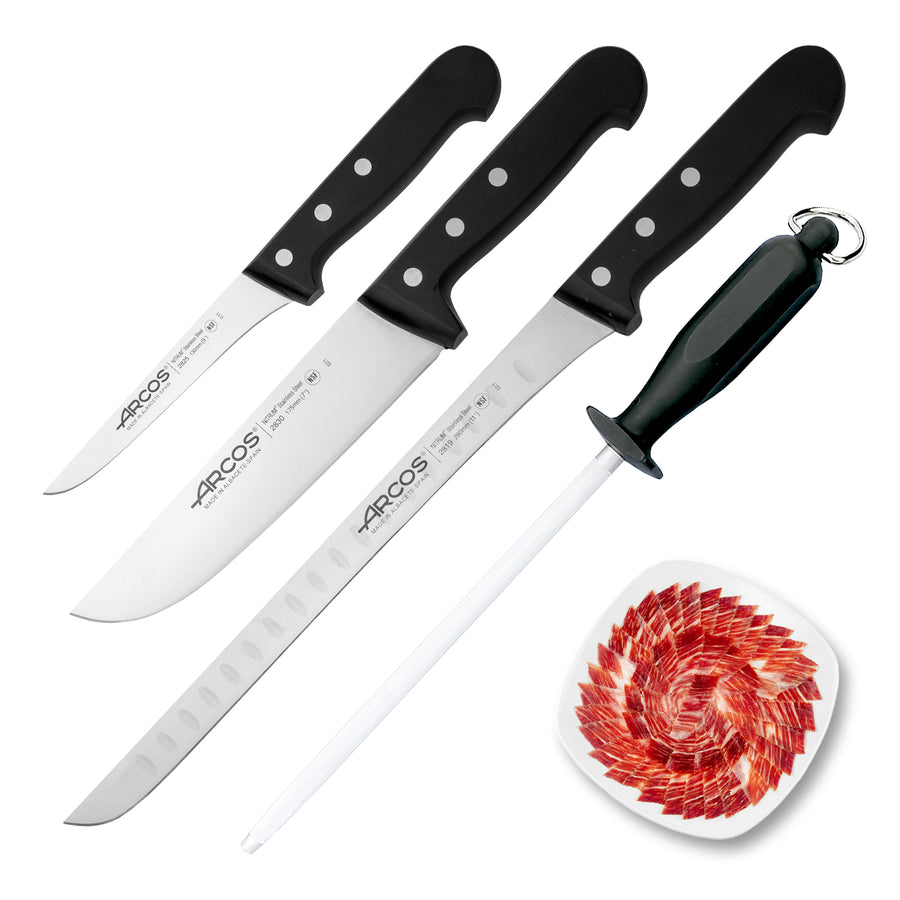 ARCOS Premium - Kit de Cuchillo Jamonero Alveolado de 28 cm, Deshuesadores y Chaira