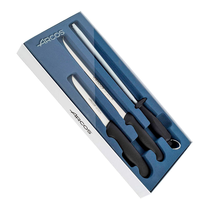 ARCOS 2900 - Kit de Cuchillo Jamonero de 24 cm, Deshuesador y Chaira en Estuche