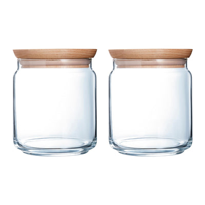 Luminarc Pure Jar - Juego de 2 Botes Redondos de 0.75L en Vidrio con Tapa de Madera