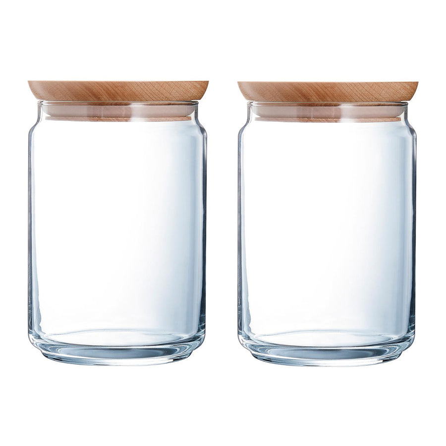 Luminarc Pure Jar - Juego de 2 Botes Redondos de 1L en Vidrio con Tapa de Madera