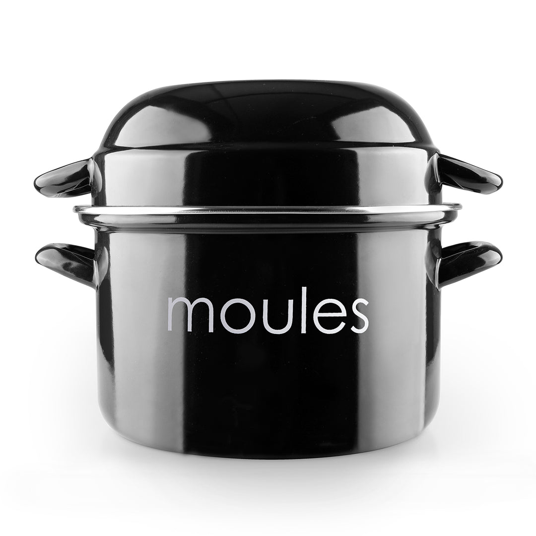 IBILI Moules - Olla de 22 cm para Mejillones en Acero Esmaltado con Tapa Especial. Negro