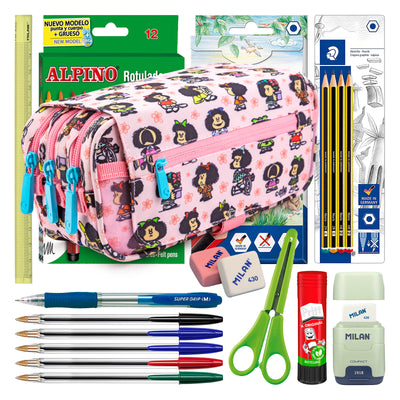 ColePack Mafalda - Estuche Triple de 3 Cremalleras con Material Escolar Incluido. Unica
