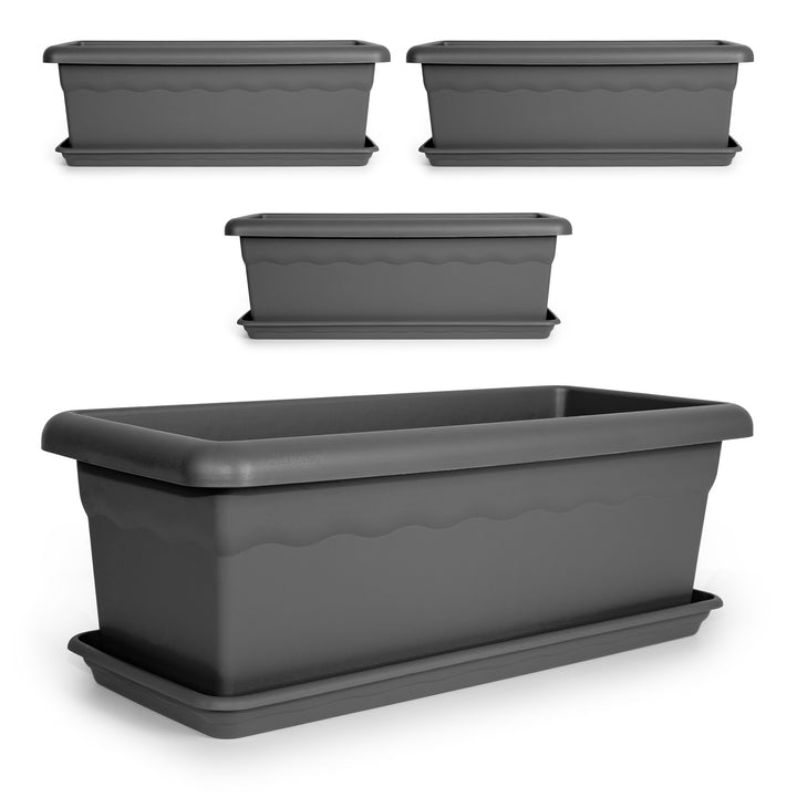 Plastiken TERRA - Set de 4 Jardineras con Platos Incluidos. Medida 60 cm 22L. Antracita