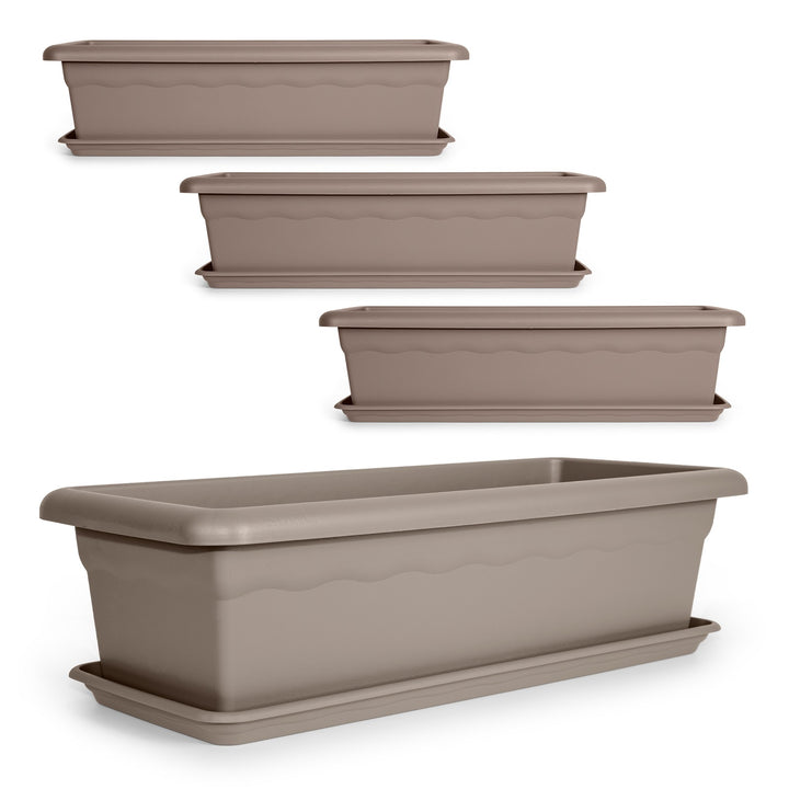 Plastiken TERRA - Set de 4 Jardineras con Platos Incluidos. Medida 80 cm 31L. Taupe