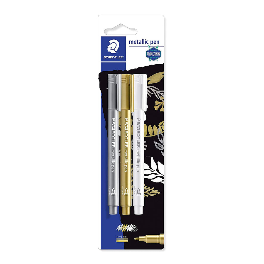 STAEDTLER Design Journey - Blíster con 3 Rotuladores Metálicos de Punta Redonda. Plateado, Dorado y Blanco