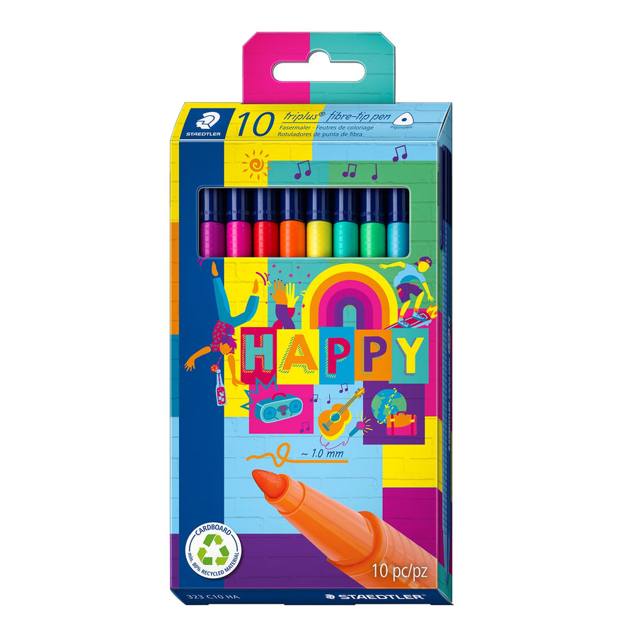 STAEDTLER Triplus Color - Estuche de 10 Rotuladores de Colores con Punta de Fibra. Edición Happy