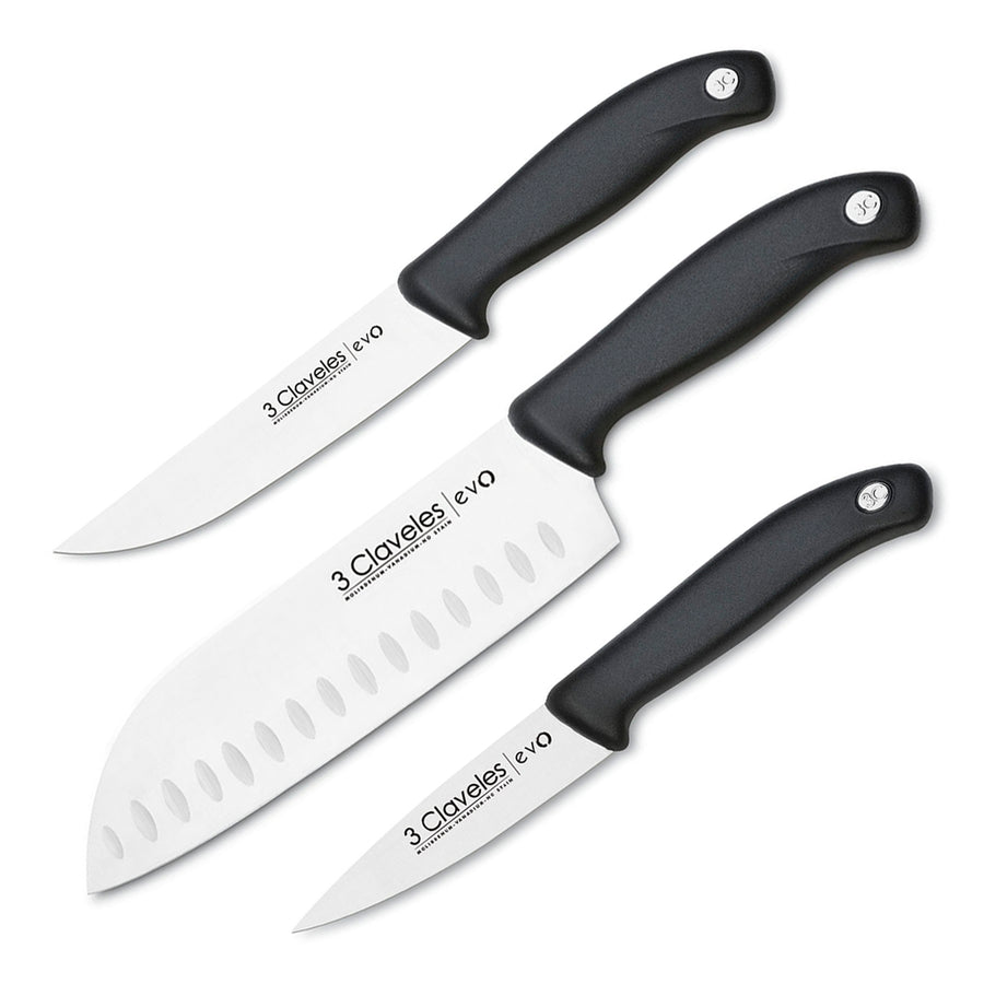 Claveles EVO - Set de 3 Cuchillos de Verduras, Cocina y Santoku en Acero Inoxidable