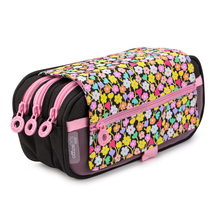 OFFICEBOX - Estuche Portatodo Triple con Tres Cremalleras para Material Escolar. Flowers