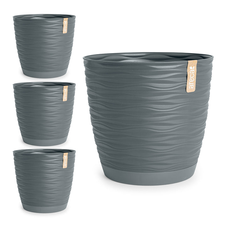 Areca Wind - Set de 4 Macetas Decorativas Redondas 27 cm con Platos Integrados. Gris