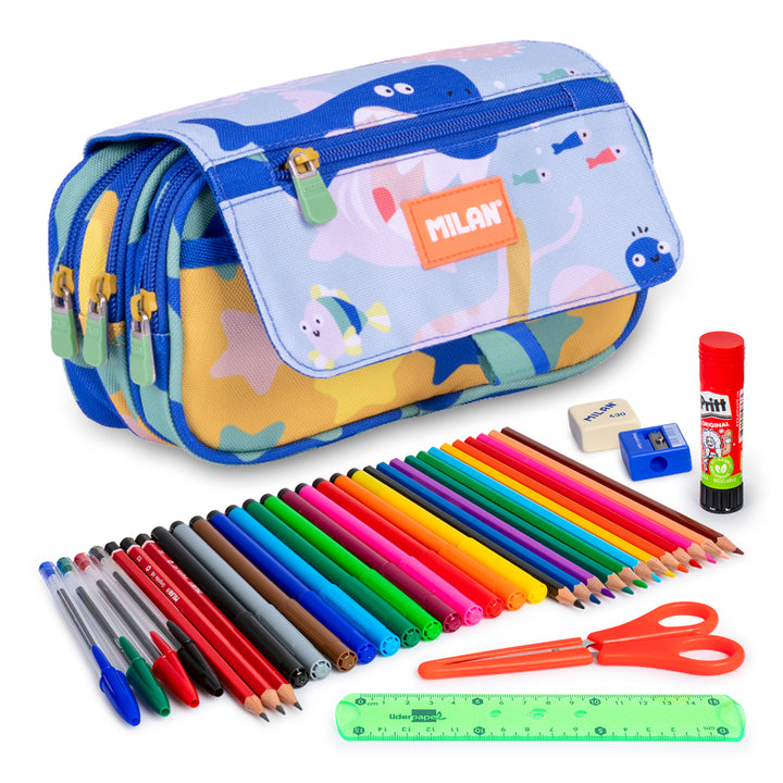 ColePack ECO Milan - Estuche Triple de 3 Cremalleras y Material Escolar Incluido. Blue Odyssey