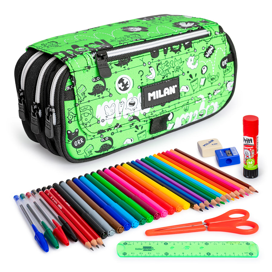 ColePack ECO Milan - Estuche Triple de 3 Cremalleras y Material Escolar Incluido. Tandem