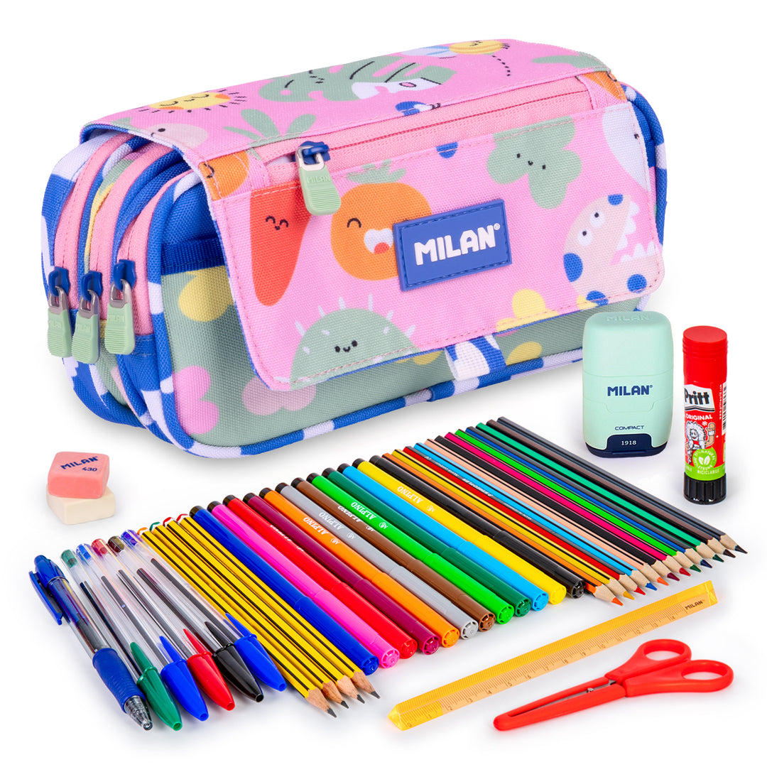 ColePack PRO Milan - Estuche Triple de 3 Cremalleras y Material Escolar Incluido. Green Grow