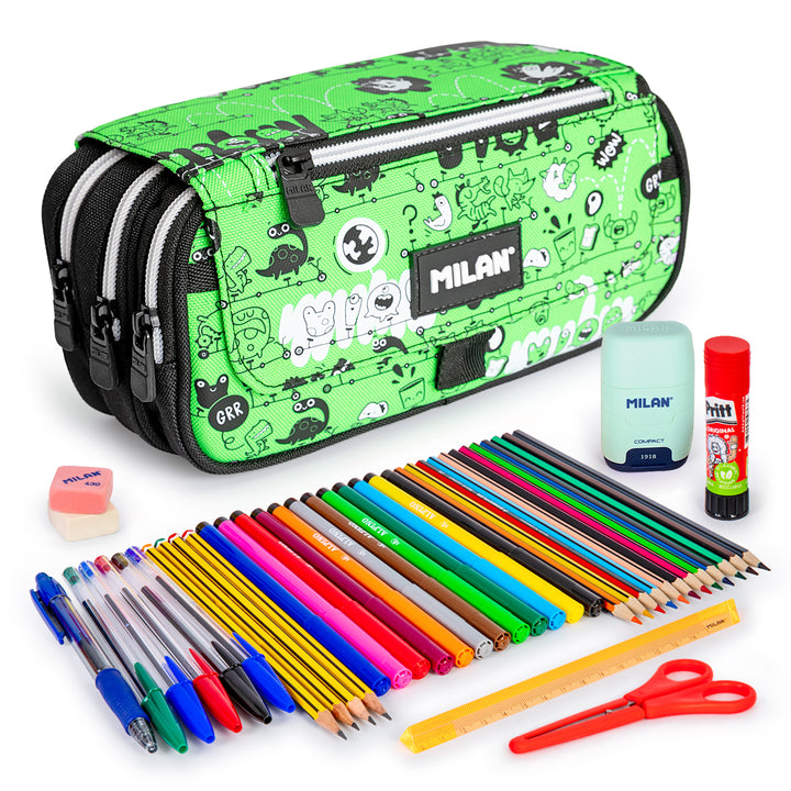 ColePack PRO Milan - Estuche Triple de 3 Cremalleras y Material Escolar Incluido. Tandem